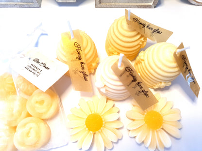 'Honey Hive Glow' Gift Set.  Pure Beehive Pillar Candles and Floral Wax Melt Moulds.