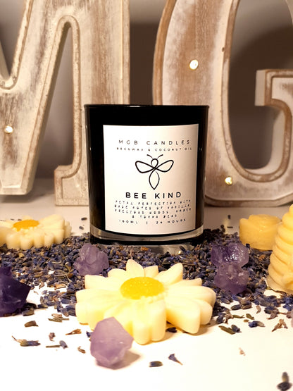 BEE KIND, Beeswax & Coconut Oil hand poured, candle.  160ml, black gloss container.