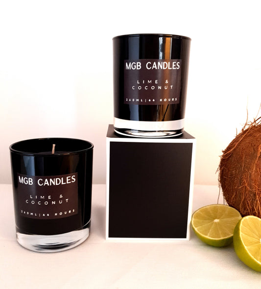 LIME & COCONUT, Sleek Black Gloss and Black Wax Candle. Hand Poured Soy Wax, 260ml.