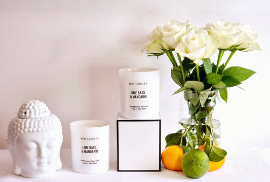 LIME BASIL & MANDARIN, White Gloss and Pearl Mica Wax Candle. Hand Poured Soy Wax, 260ml.