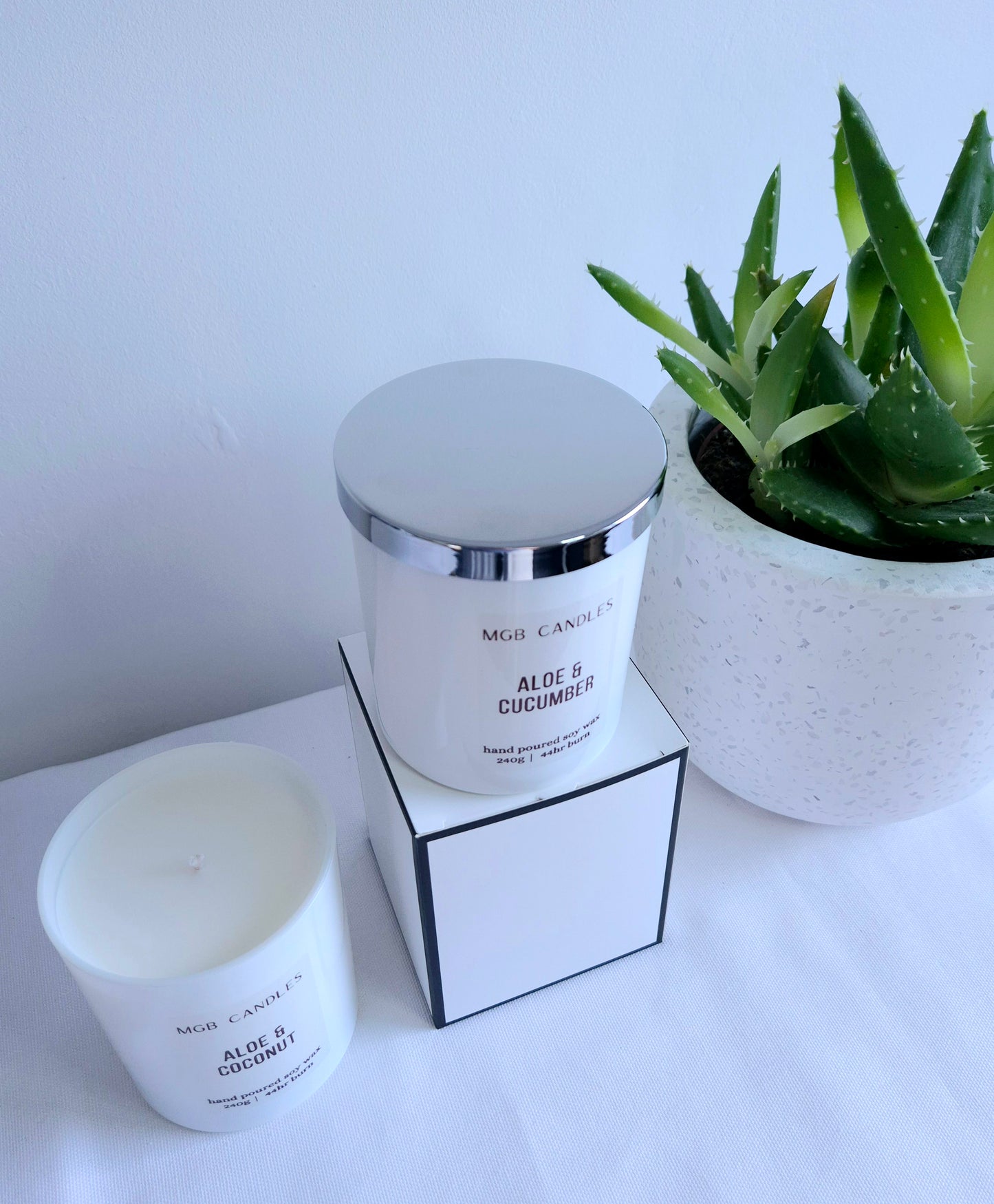 ALOE & COCONUT, White Gloss and Pearl Mica Wax Candle. Hand Poured Soy Wax, 260ml.